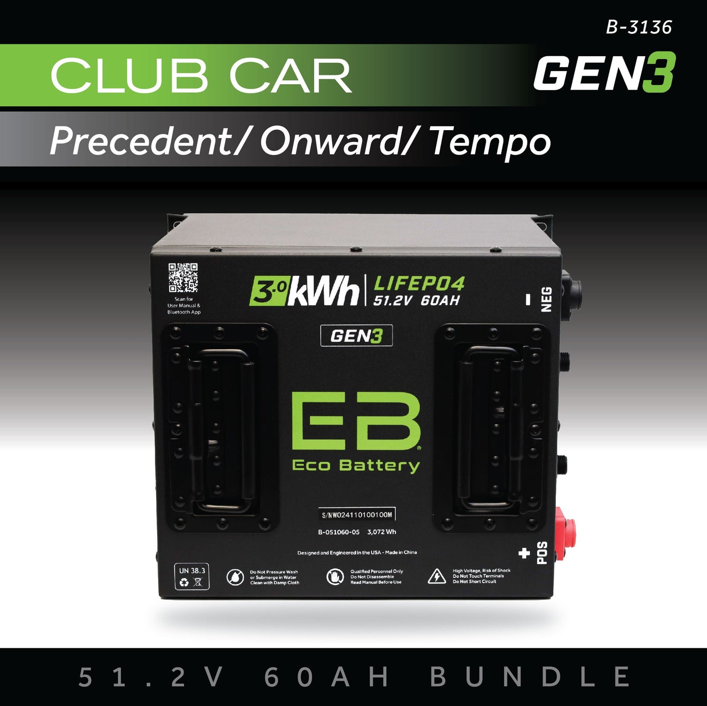 Eco Battery 51V 60AH Battery Bundle / Club Car Precedent/Onward/Tempo - B-3136
