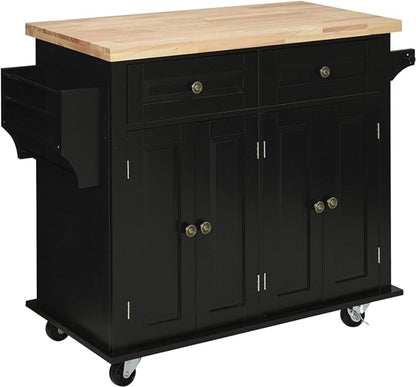 HomCom Kitchen Island on Wheels, Rolling Cart with Rubberwood Top - B08L44DQF8