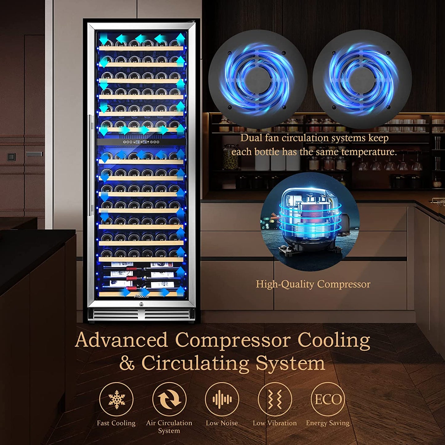 AAOBOSI 24" Free Standing 154 Bottles Wine Cooler in Stainless Steel with Wood Shelves  - YC-408B