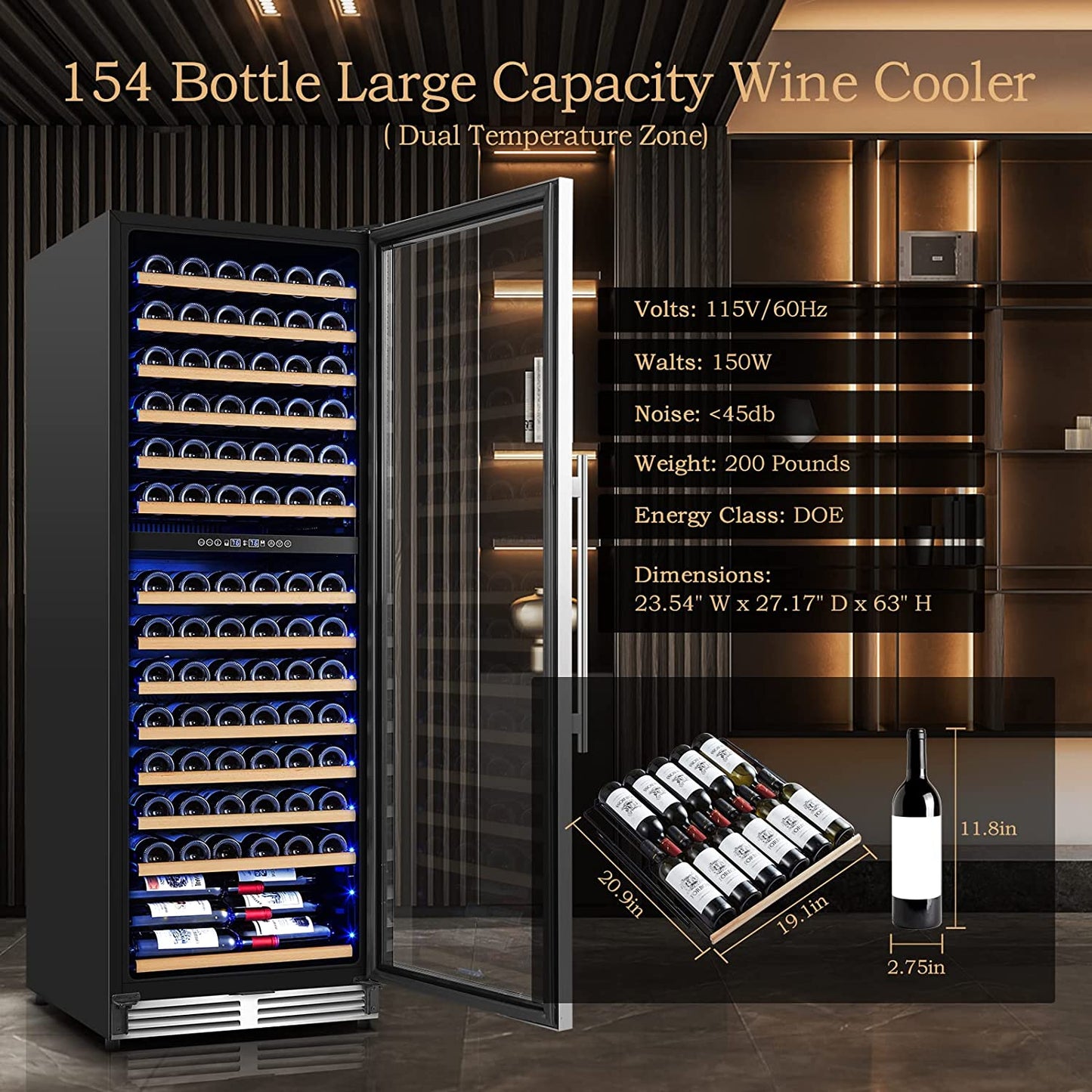 AAOBOSI 24" Free Standing 154 Bottles Wine Cooler in Stainless Steel with Wood Shelves  - YC-408B