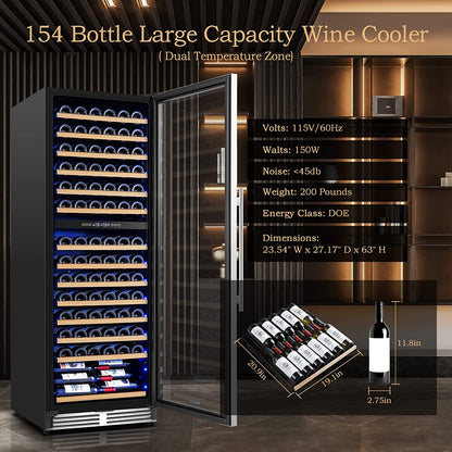AAOBOSI 24" Free Standing 154 Bottles Wine Cooler in Stainless Steel with Wood Shelves  - YC-408B