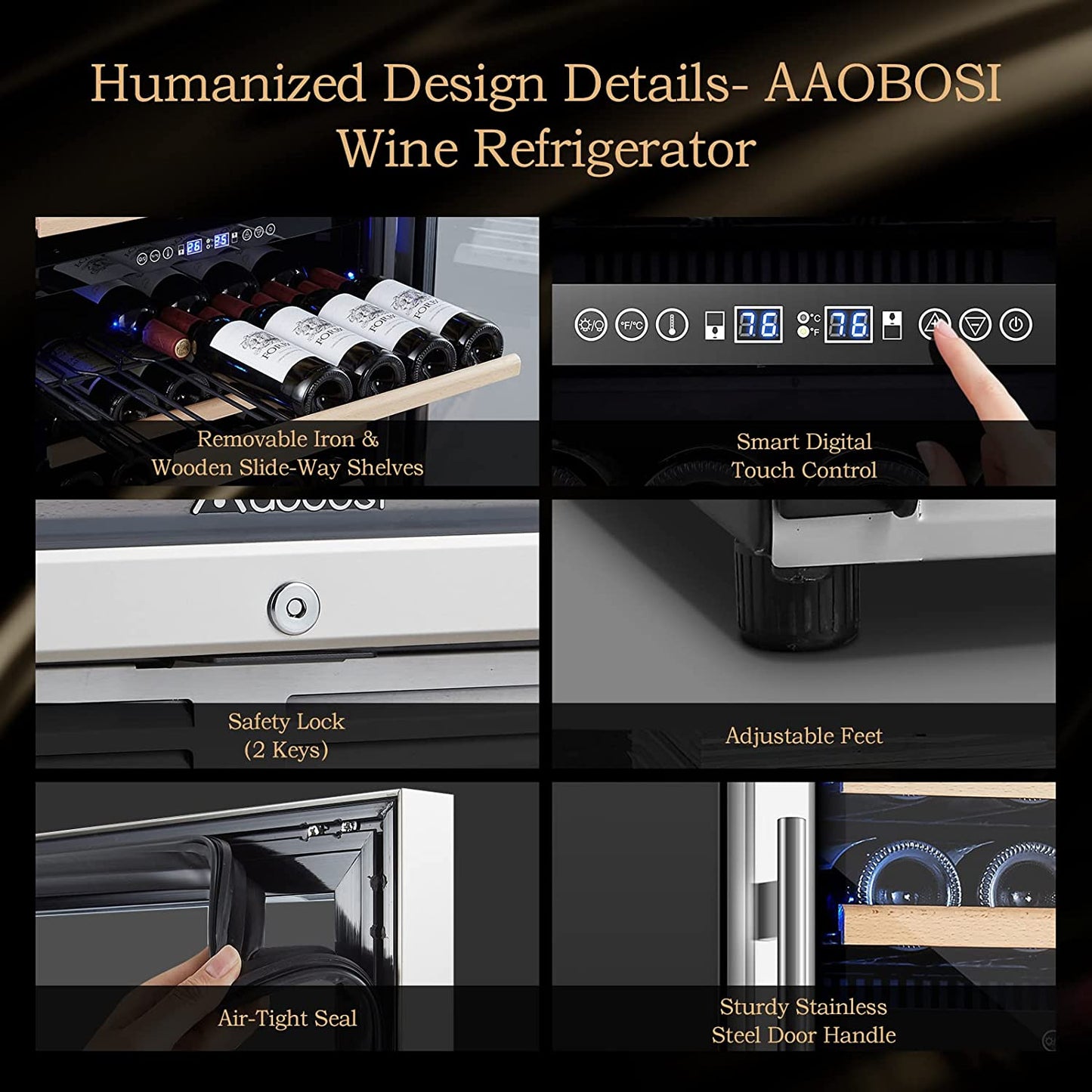 AAOBOSI 24" Free Standing 154 Bottles Wine Cooler in Stainless Steel with Wood Shelves  - YC-408B