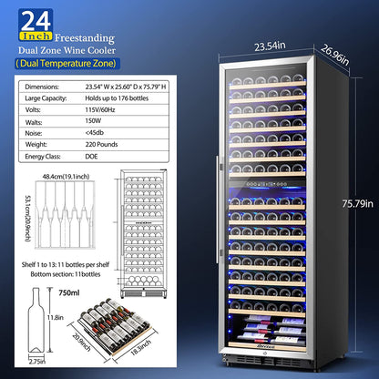 AAOBOSI 24" Free Standing 176 Bottles Wine Cooler in Stainless Steel with Wood Shelves  - YC-510B