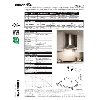 Broan 30 in. Elite EW 48 Series Range Hood with Stainless Steel/Black Stainless Steel Color Options (EW4830)