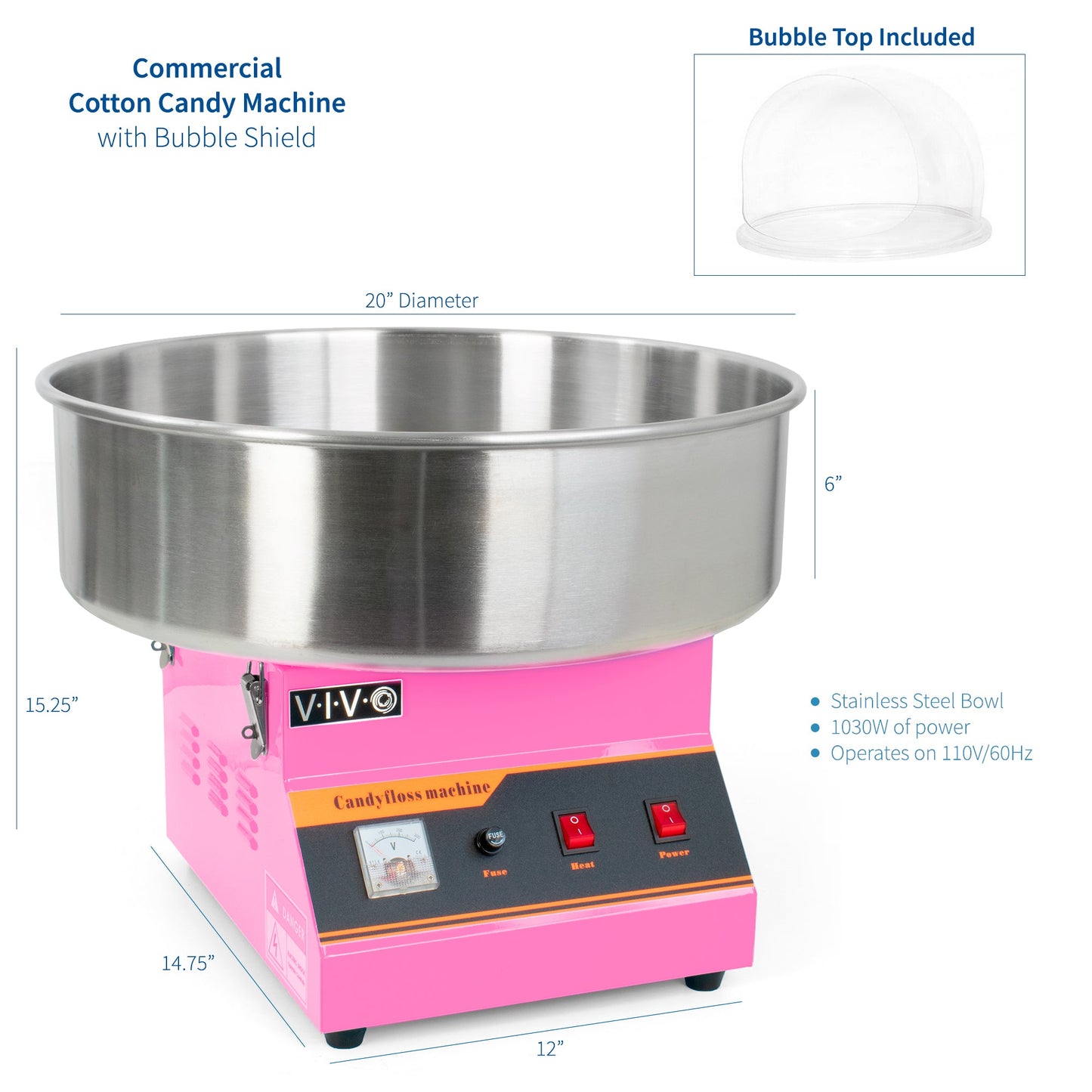 VIVO Electric Commercial Cotton Machine with Bubble Shield - CANDY-KIT-1