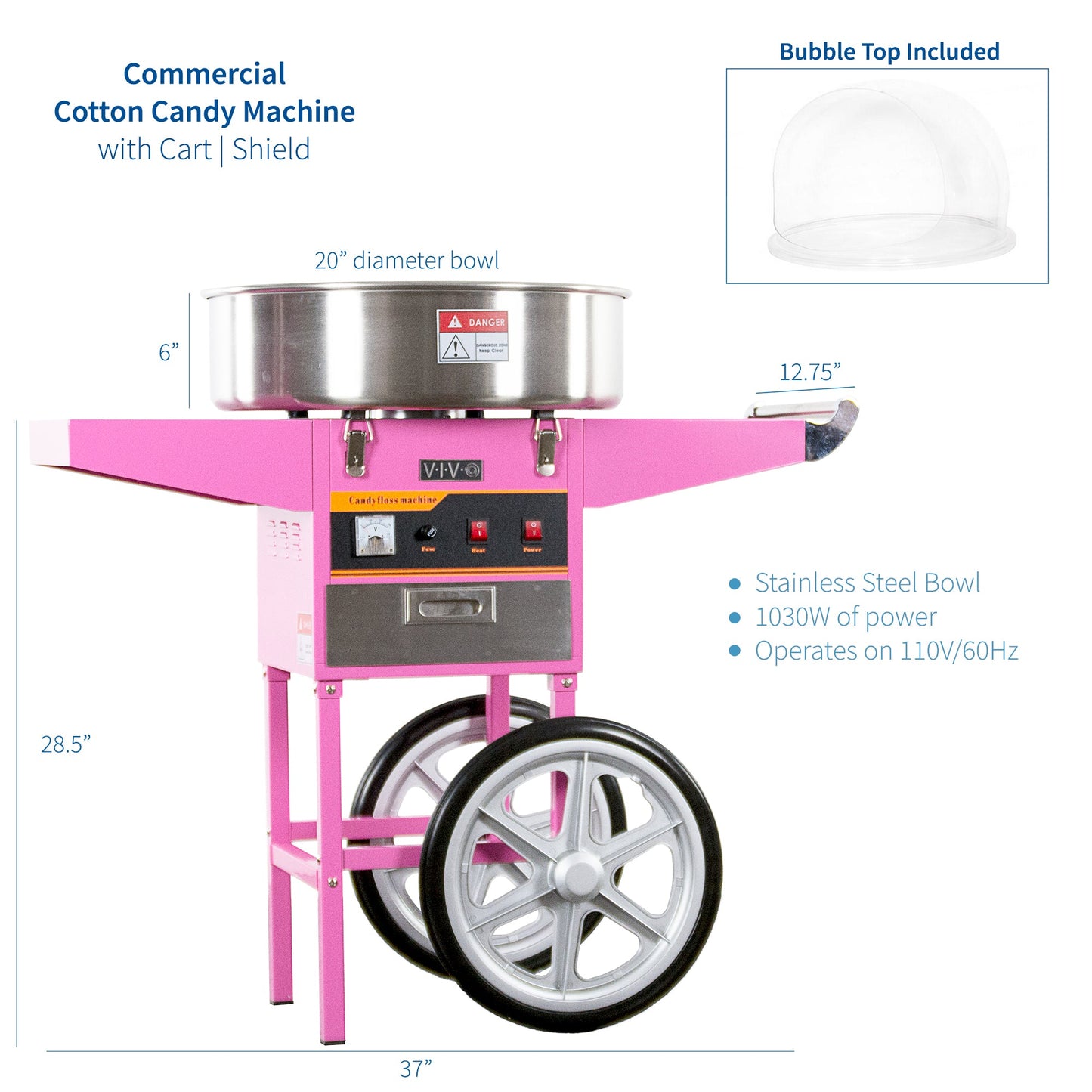 VIVO Electric Commercial Cotton Machine with Cart and Bubble Shield - CANDY-KIT-2