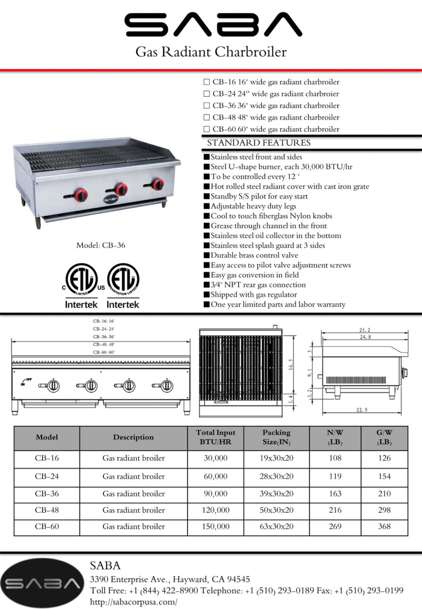 SABA  Commercial Gas Radiant Broiler - CB-60