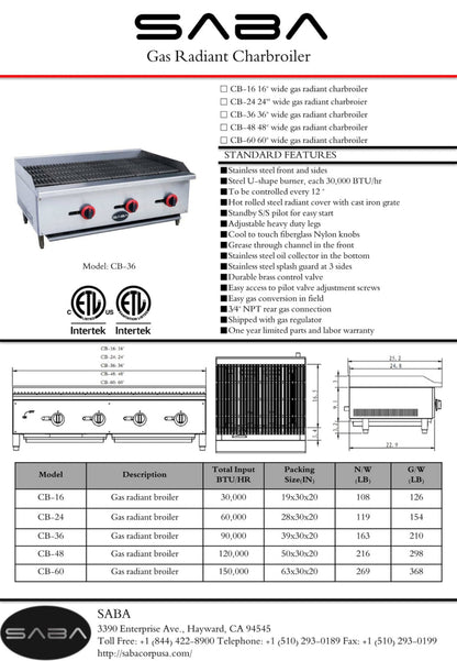 SABA  Commercial Gas Radiant Broiler - CB-60