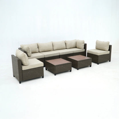 Deko Living 8 Piece Brown Outdoor Sectional Wicker Sofa Chairs and Tables  with Interchangable Beige and Red Cushion Covers  - COP30011