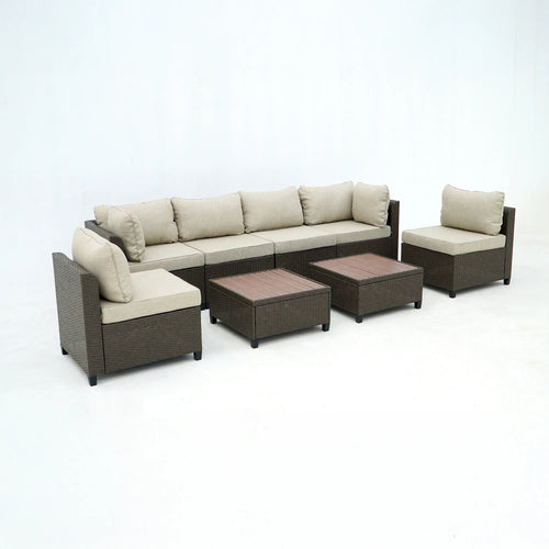 Deko Living 8 Piece Brown Outdoor Sectional Wicker Sofa Chairs and Tables  with Interchangable Beige and Red Cushion Covers  - COP30011