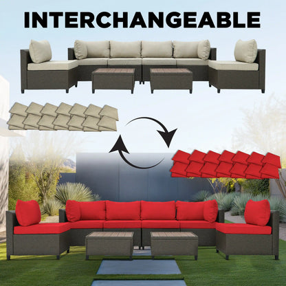 Deko Living 8 Piece Brown Outdoor Sectional Wicker Sofa Chairs and Tables  with Interchangable Beige and Red Cushion Covers  - COP30011