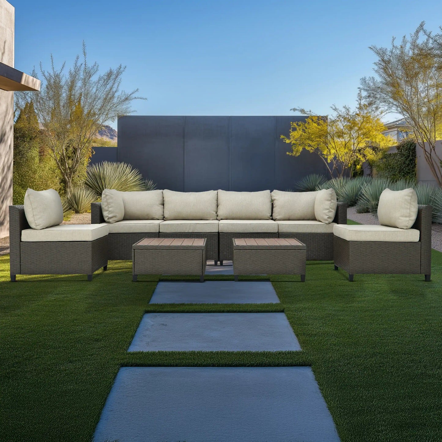 Deko Living 8 Piece Brown Outdoor Sectional Wicker Sofa Chairs and Tables  with Interchangable Beige and Red Cushion Covers  - COP30011