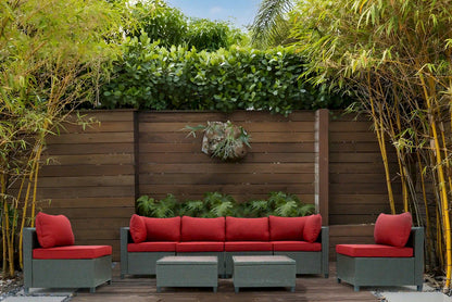 Deko Living 8 Piece Brown Outdoor Sectional Wicker Sofa Chairs and Tables  with Interchangable Beige and Red Cushion Covers  - COP30011