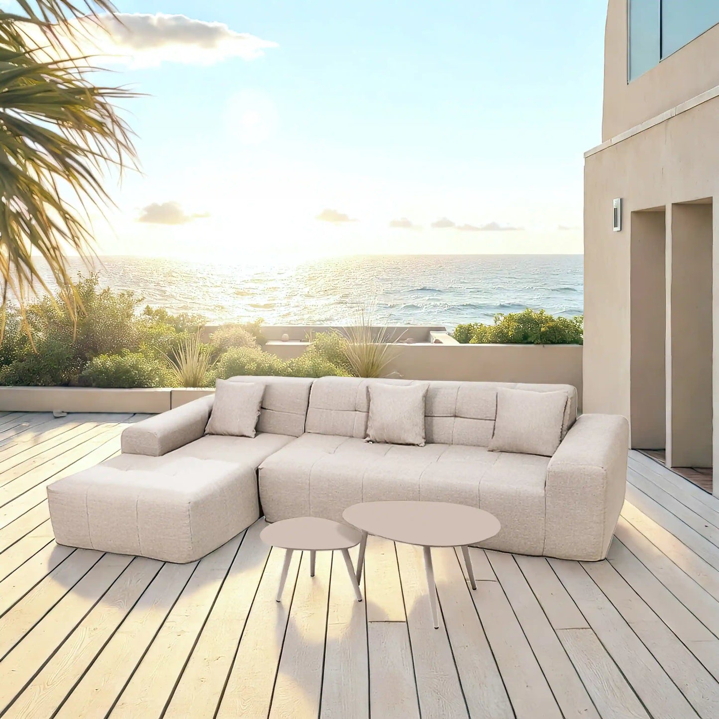 Deko Living 4 Piece Beige Outdoor Compressed Foam Sectional Sofa Lounger and Table Set  - COP30218