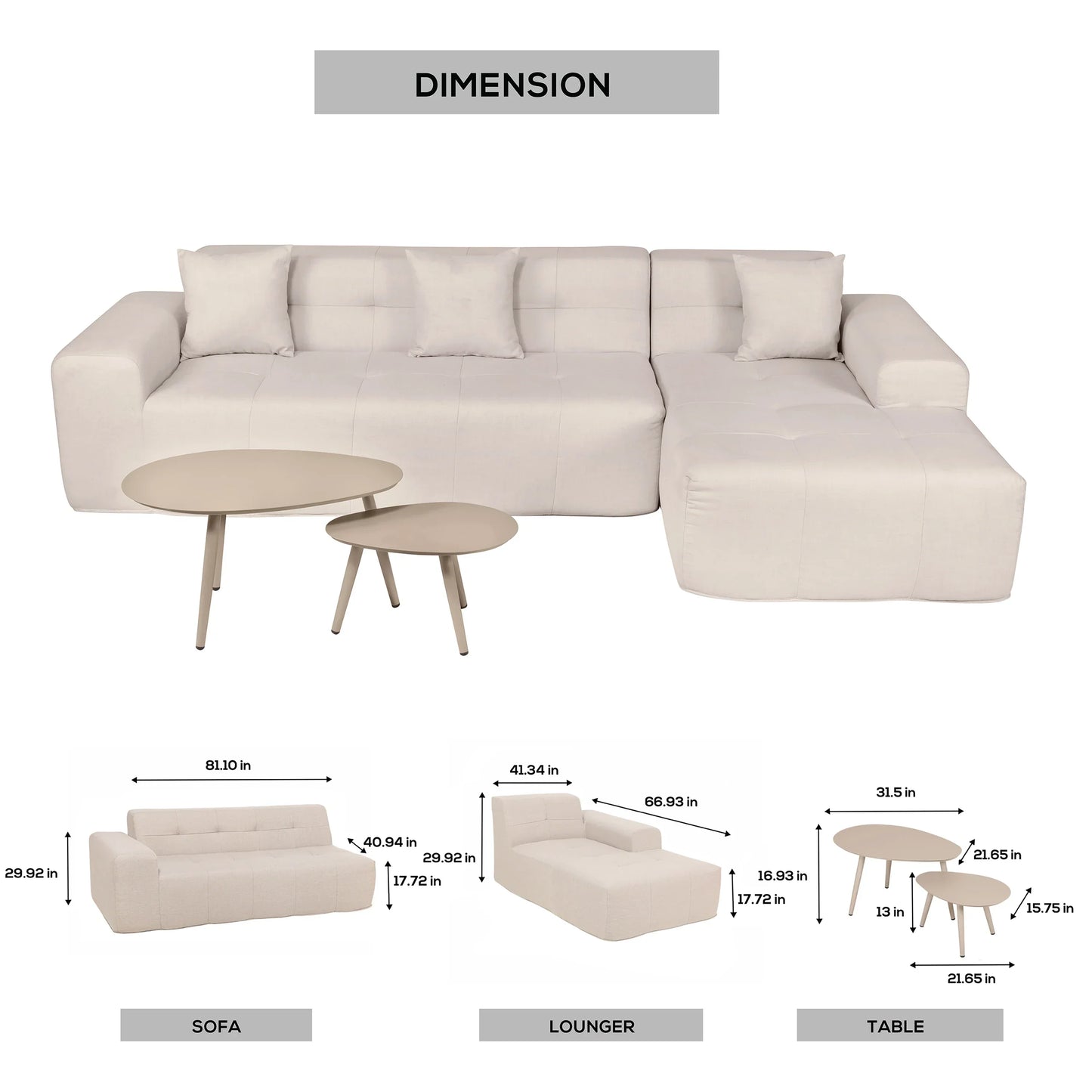 Deko Living 4 Piece Beige Outdoor Compressed Foam Sectional Sofa Lounger and Table Set  - COP30218
