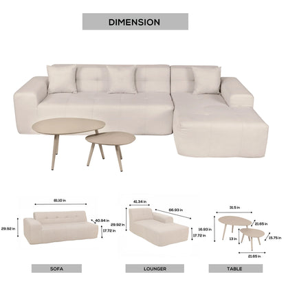 Deko Living 4 Piece Beige Outdoor Compressed Foam Sectional Sofa Lounger and Table Set  - COP30218
