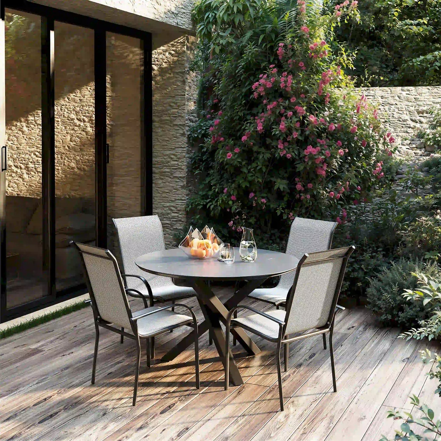Deko Living 4 Piece Seating Grey Outdoor Aluminum Round Patio Dining Table and Stackable Chairs Set  - COP30704
