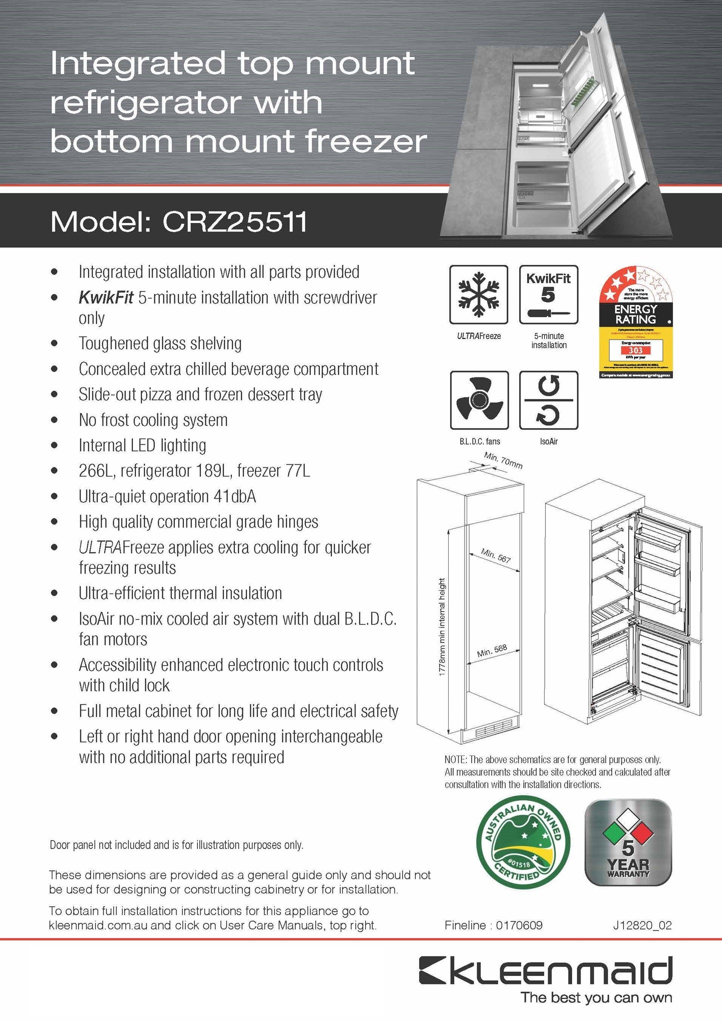 Kleenmaid Integrated Top Mount Refrigerator with Bottom Mount Freezer - CRZ25511