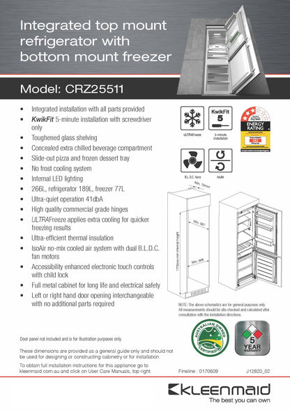 Kleenmaid Integrated Top Mount Refrigerator with Bottom Mount Freezer - CRZ25511
