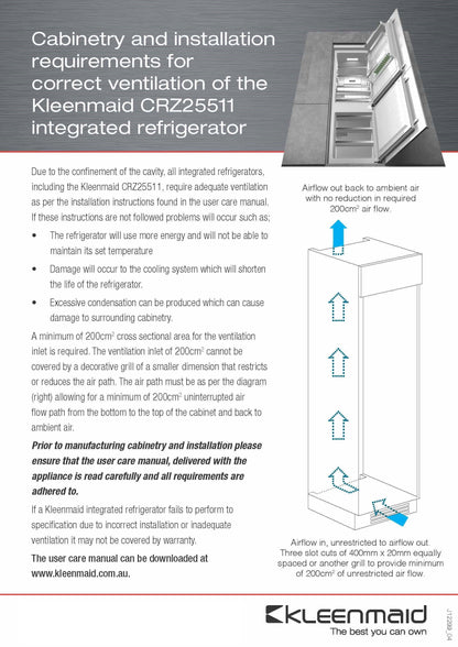 Kleenmaid Integrated Top Mount Refrigerator with Bottom Mount Freezer - CRZ25511