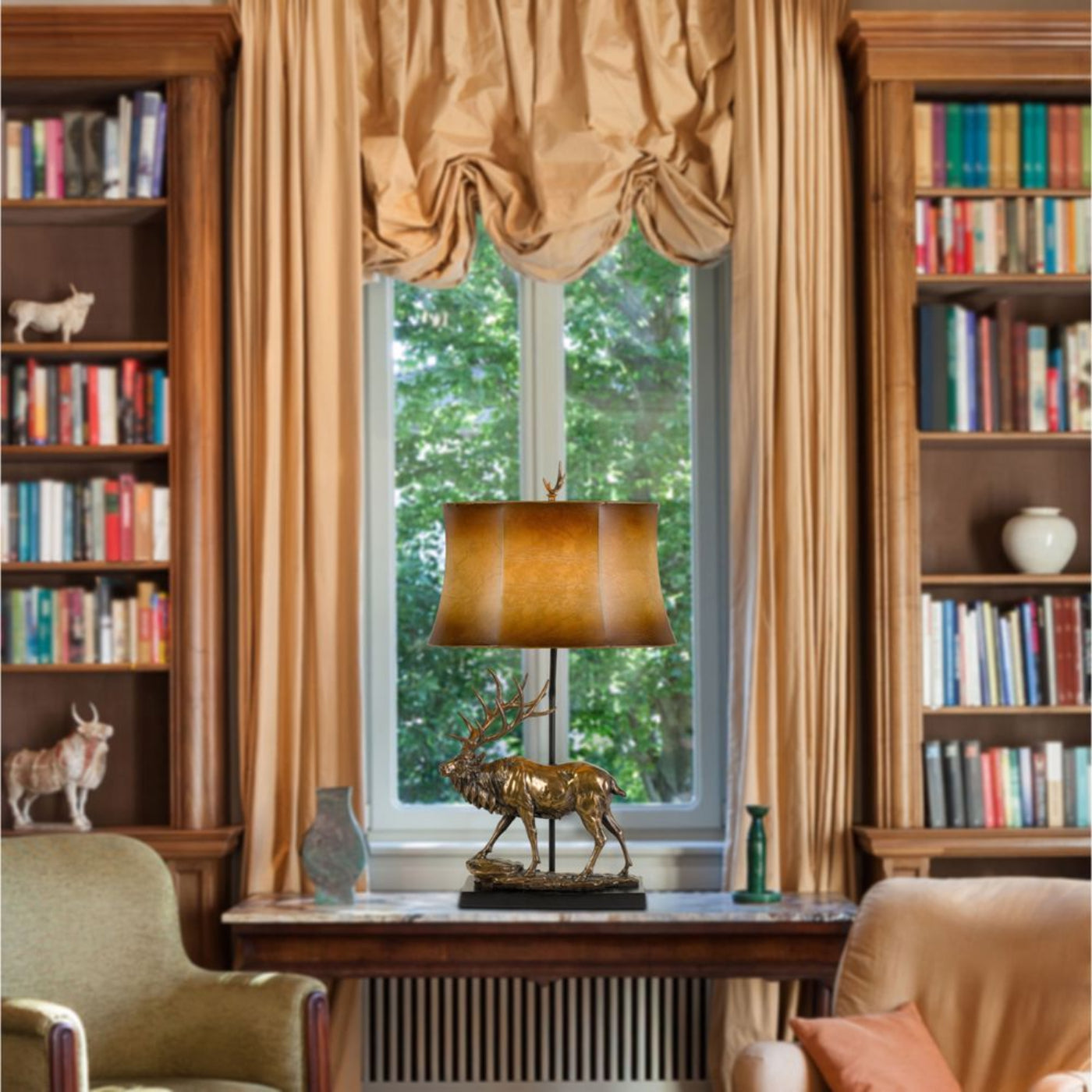 Cal Lighting 3-Way Deer Resin Table Lamp with Leatherette Shade in Antique Bronze - BO-2807TB