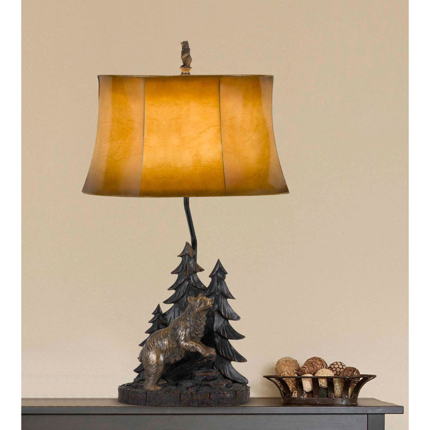 Cal Lighting 3-Way Forest and Bear Resin Table Lamp with Leatherette Shade - BO-2733TB