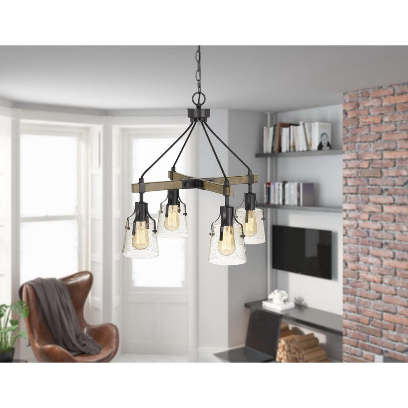 Cal Lighting Aosta 4-Light Metal Chandelier with Bubbled Glass Shades in Dark Iron and Wood - FX-3735-4