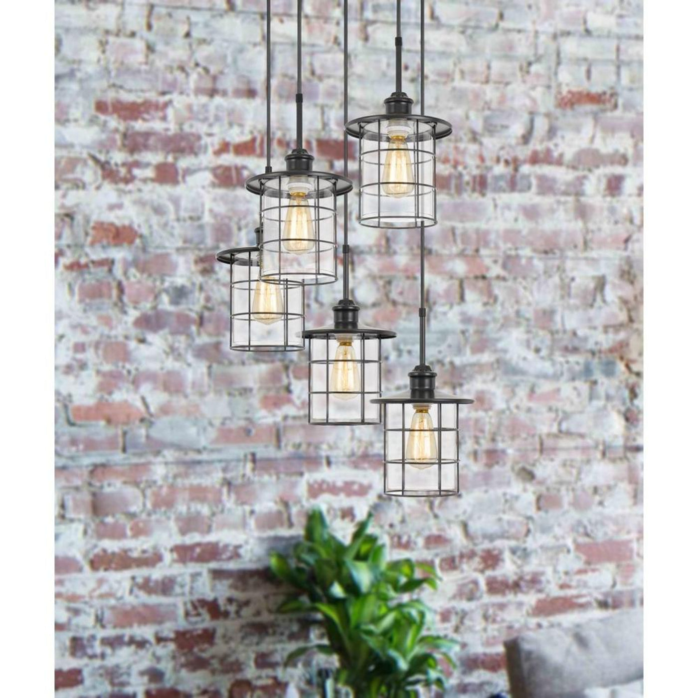 Cal Lighting Silverton 5-Light Metal and Glass Lantern Pendant Light Fixture with Edison Bulbs - FX-2668-5P