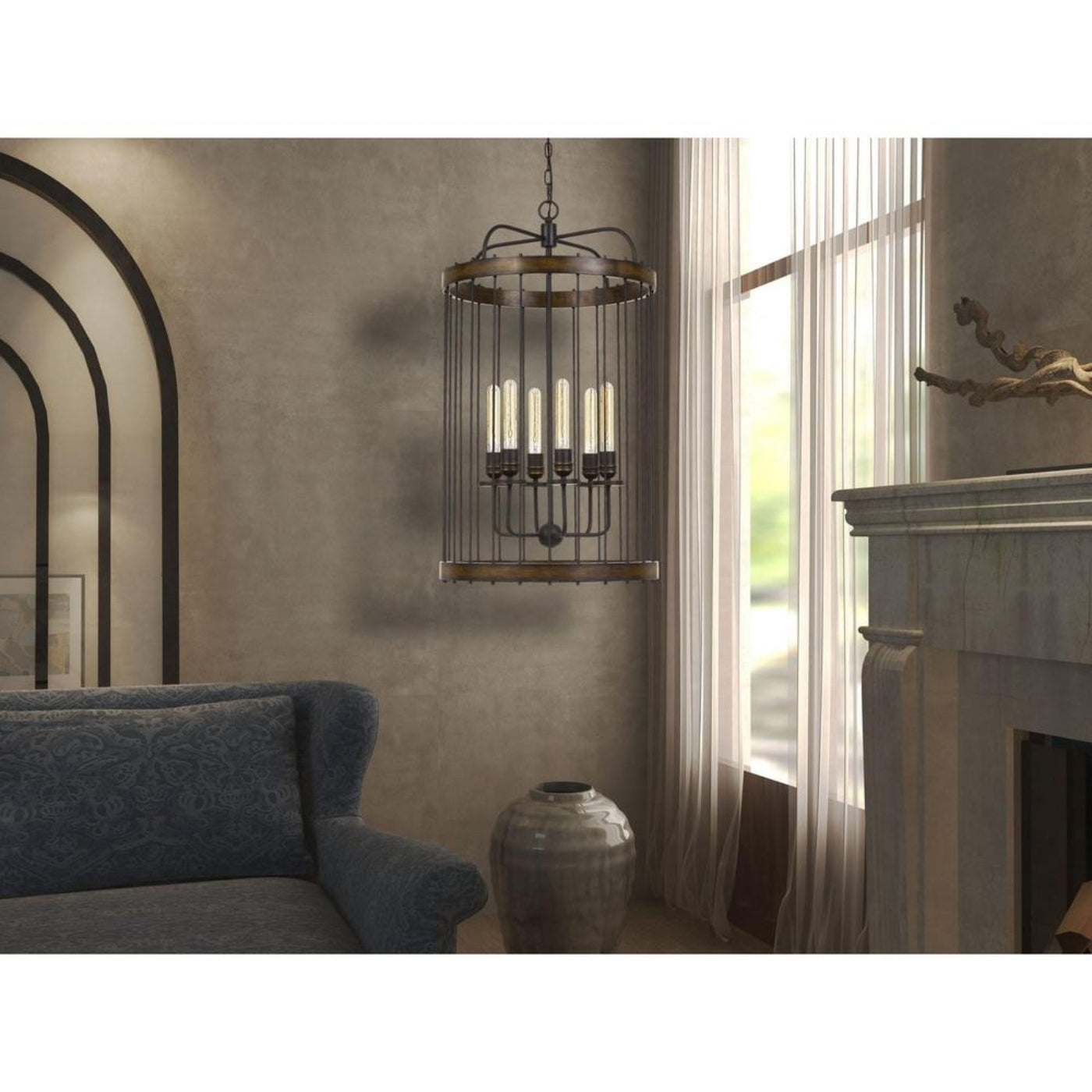 Cal Lighting Cantania 6-Light Metal Caged Cylinder Pendant Fixture with Wood Accents - FX-3700-6