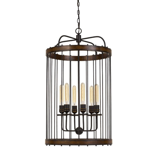 Cal Lighting Cantania 6-Light Metal Caged Cylinder Pendant Fixture with Wood Accents - FX-3700-6
