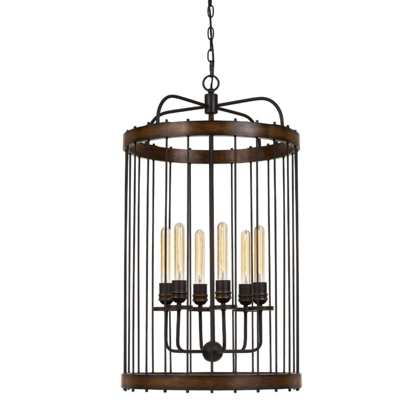 Cal Lighting Cantania 6-Light Metal Caged Cylinder Pendant Fixture with Wood Accents - FX-3700-6