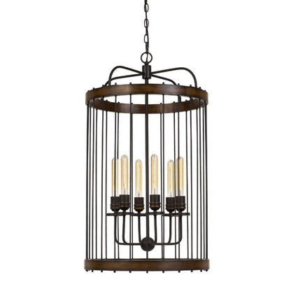 Cal Lighting Cantania 6-Light Metal Caged Cylinder Pendant Fixture with Wood Accents - FX-3700-6