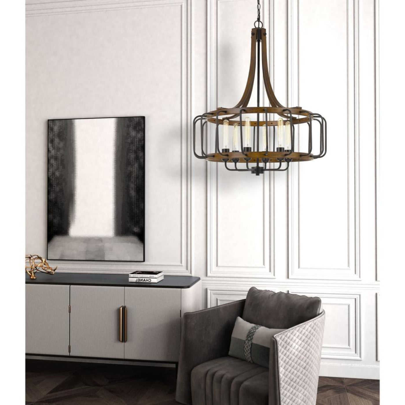 Cal Lighting Kellia 6-Light Metal Round Cage Chandelier in Iron and Dark Oak - FX-3708-6