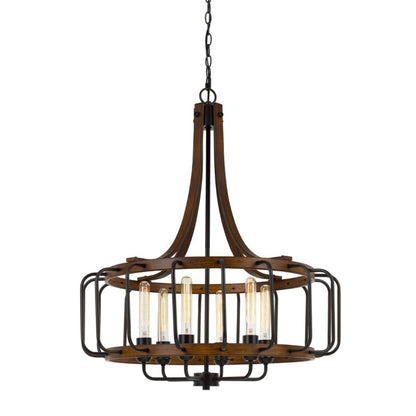 Cal Lighting Kellia 6-Light Metal Round Cage Chandelier in Iron and Dark Oak - FX-3708-6