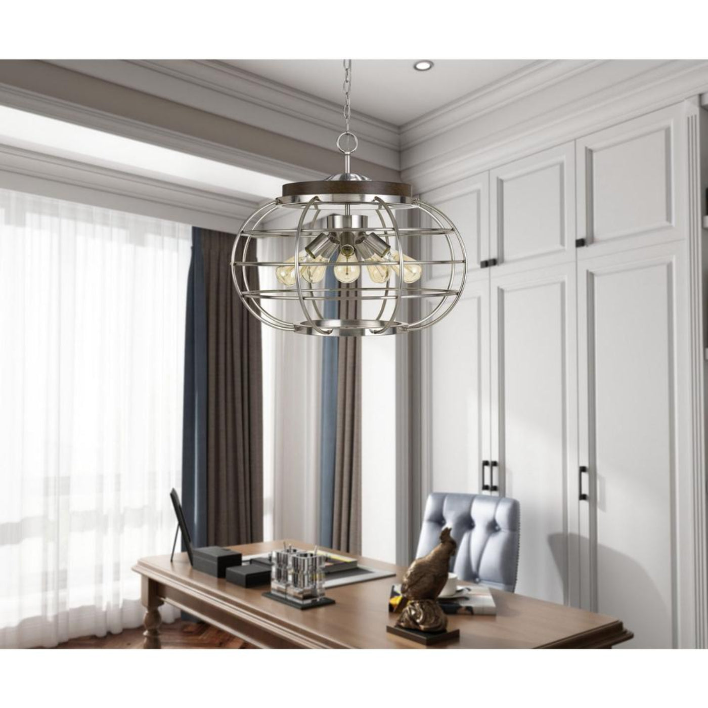 Cal Lighting Liberty 5-Light Metal Chandelier with Grill Shade in Brushed Steel and Wood - FX-3719-5