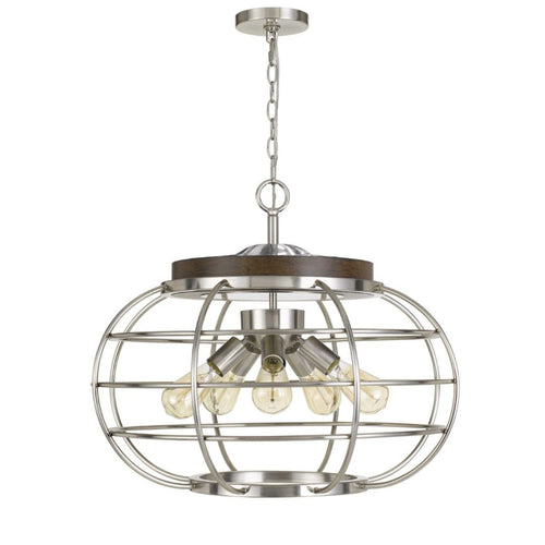Cal Lighting Liberty 5-Light Metal Chandelier with Grill Shade in Brushed Steel and Wood - FX-3719-5