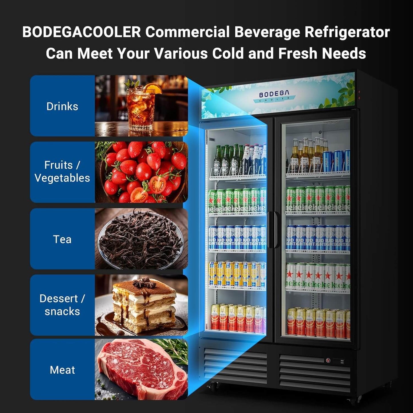 BODEGAcooler Commercial Refrigerator 2 Glass Doors Display Refrigerator Merchandiser 35.4 Cu. Ft
