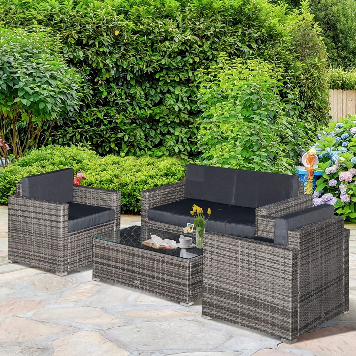 Outsunny 4-Piece Outdoor Wicker Sectional Set with Cushions & Glass Coffee Table, Black - 841-086V01MX