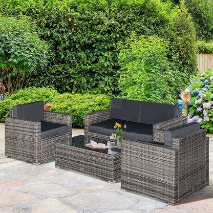 Outsunny 4-Piece Outdoor Wicker Sectional Set with Cushions & Glass Coffee Table, Black - 841-086V01MX