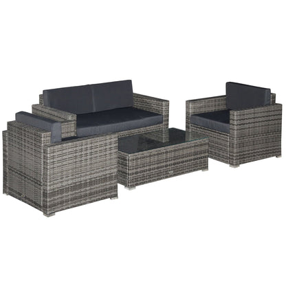 Outsunny 4-Piece Outdoor Wicker Sectional Set with Cushions & Glass Coffee Table, Black - 841-086V01MX