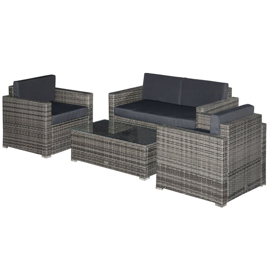 Outsunny 4-Piece Outdoor Wicker Sectional Set with Cushions & Glass Coffee Table, Black - 841-086V01MX