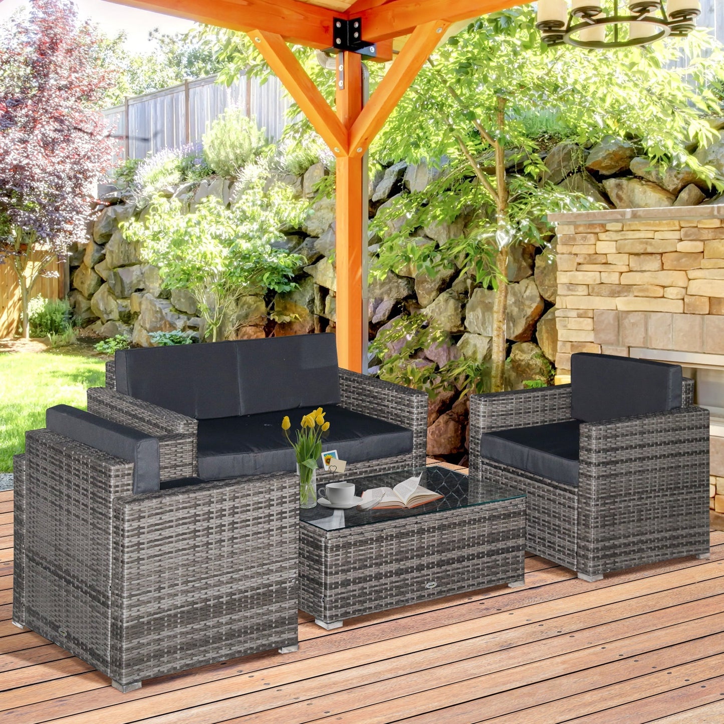Outsunny 4-Piece Outdoor Wicker Sectional Set with Cushions & Glass Coffee Table, Black - 841-086V01MX