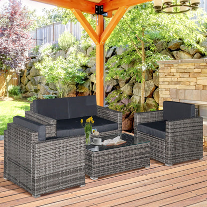 Outsunny 4-Piece Outdoor Wicker Sectional Set with Cushions & Glass Coffee Table, Black - 841-086V01MX