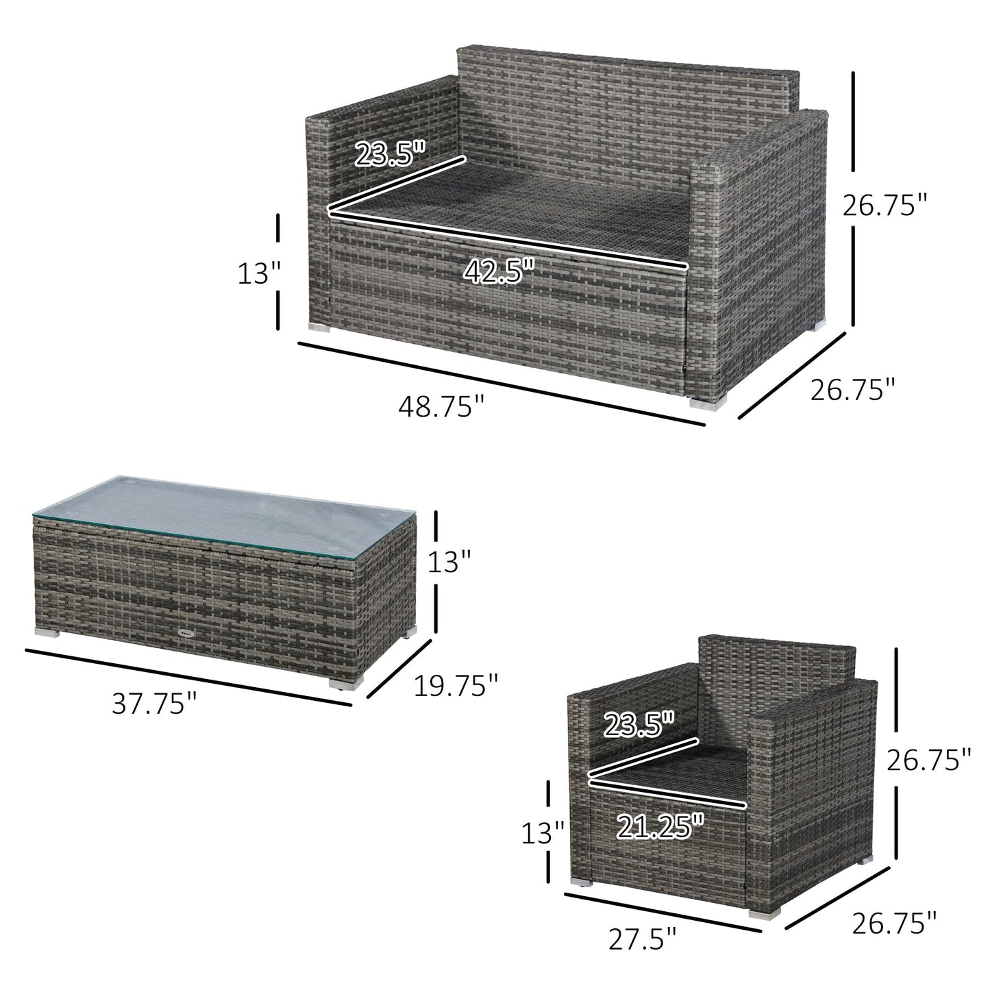 Outsunny 4-Piece Outdoor Wicker Sectional Set with Cushions & Glass Coffee Table, Black - 841-086V01MX