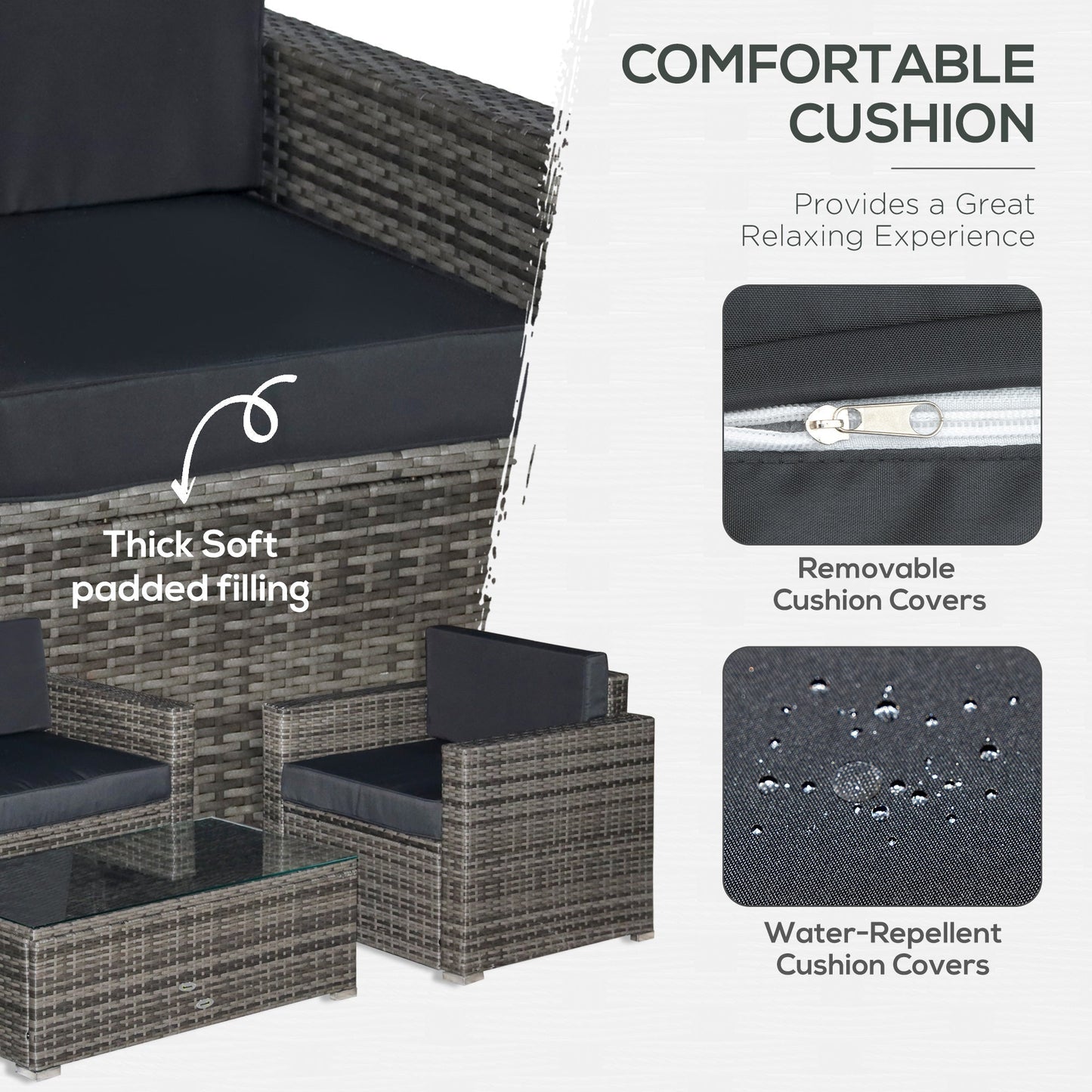 Outsunny 4-Piece Outdoor Wicker Sectional Set with Cushions & Glass Coffee Table, Black - 841-086V01MX