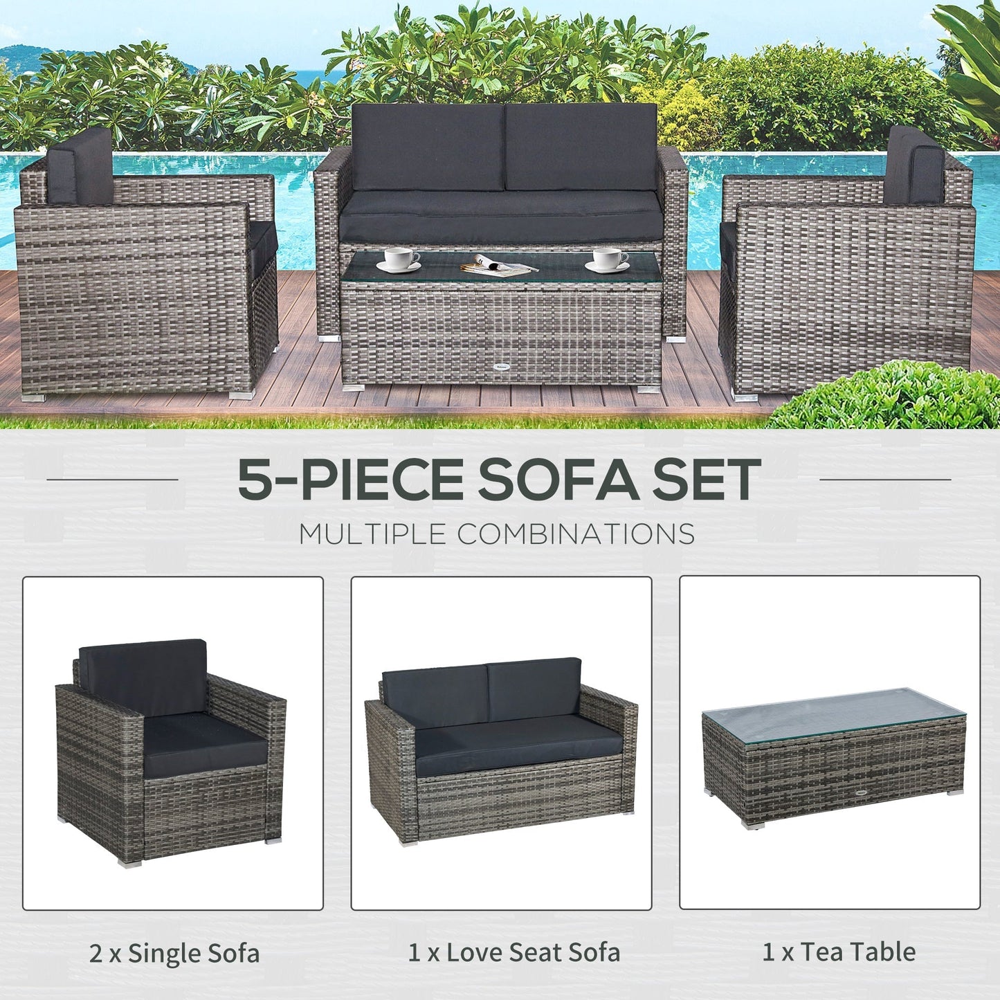 Outsunny 4-Piece Outdoor Wicker Sectional Set with Cushions & Glass Coffee Table, Black - 841-086V01MX
