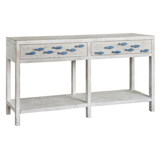 Crestview Collection Swimming Upstream 64" x 15" x 34" 2-Drawer Coastal Wood Aqua Fish Console In Antique White Finish