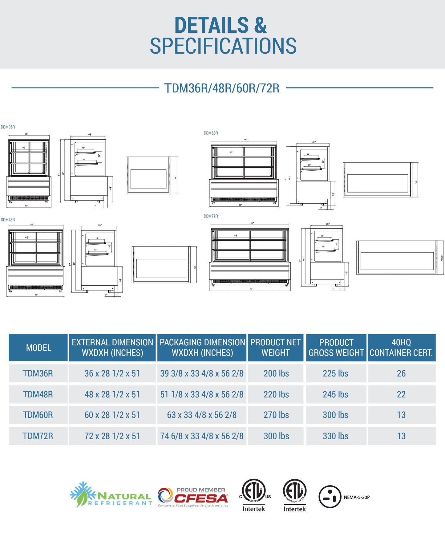 Chef AAA - , 60" Straight Glass Bakery Case - TDM60R