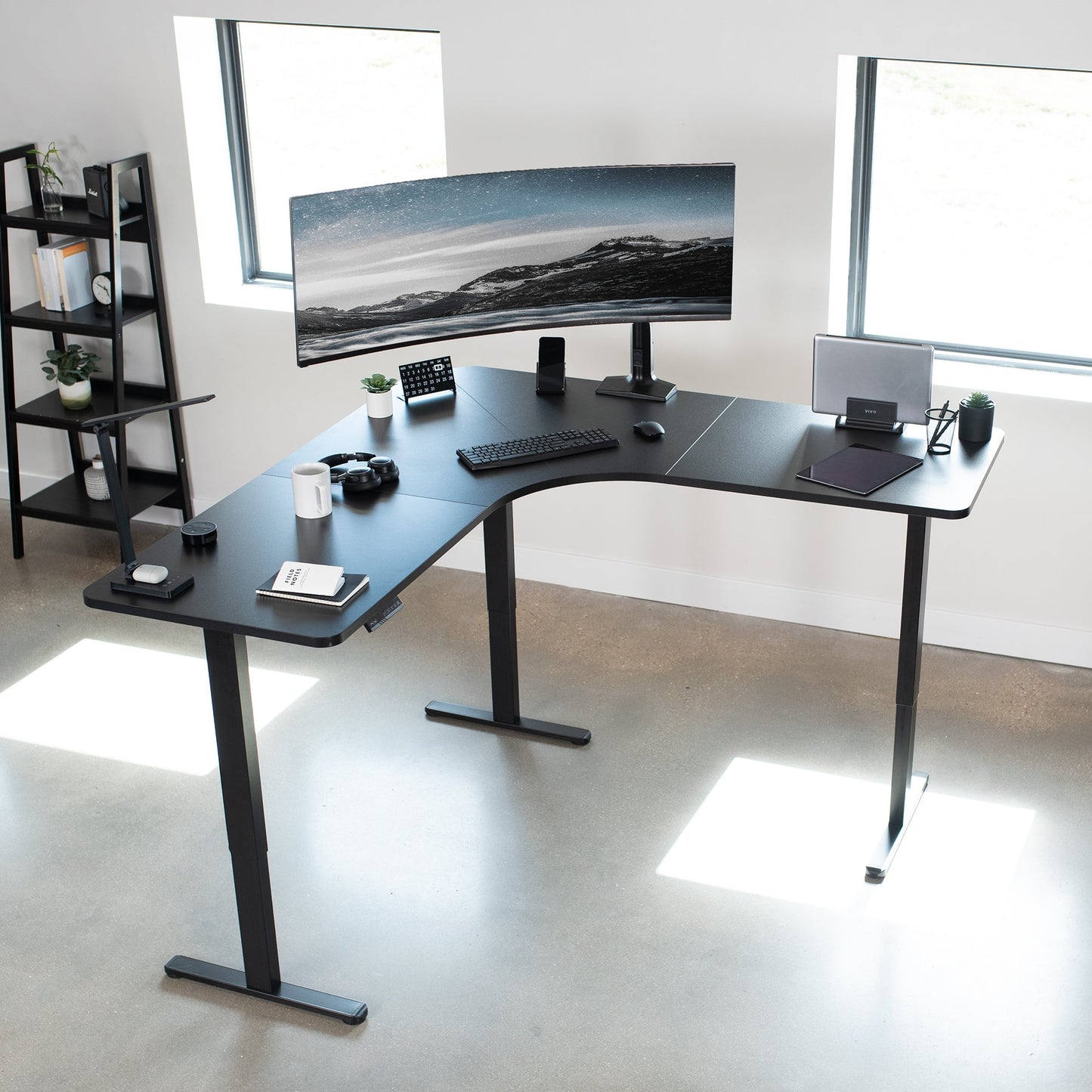VIVO E3 Series - Curved Corner Triple Motor Electric Desk with Push Button Memory Controller - DESK-KIT-E3CB2
