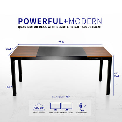 VIVO Dark Walnut / Black 71" x 30" Quad Motor Electric 4-Leg Desk - DESK-KIT-F10BD